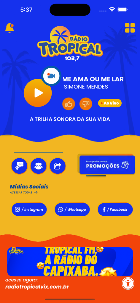 Tropical Vix - Tropical Vix radio app interface showing the live music player with social media integration buttons