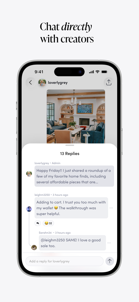 A mobile screen showing the LTK app chat feature where users and creators discuss home decor recommendations.