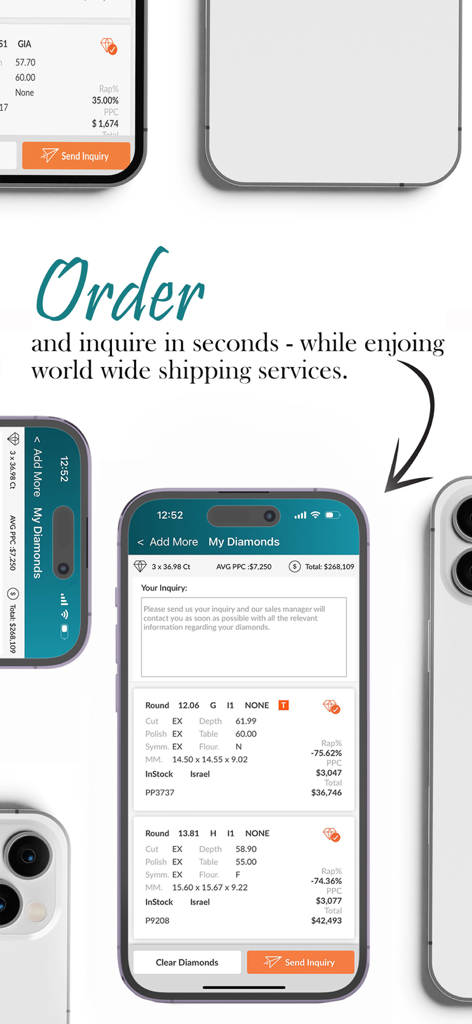 Mobile app interface of MID House of Diamonds showing a diamond inventory list and an inquiry form with world wide shipping services text.
