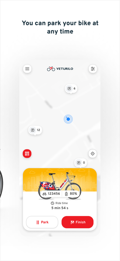 Veturilo - A mobile app screen showing a map with bike parking stations and a current ride timer for the Veturilo bike system.