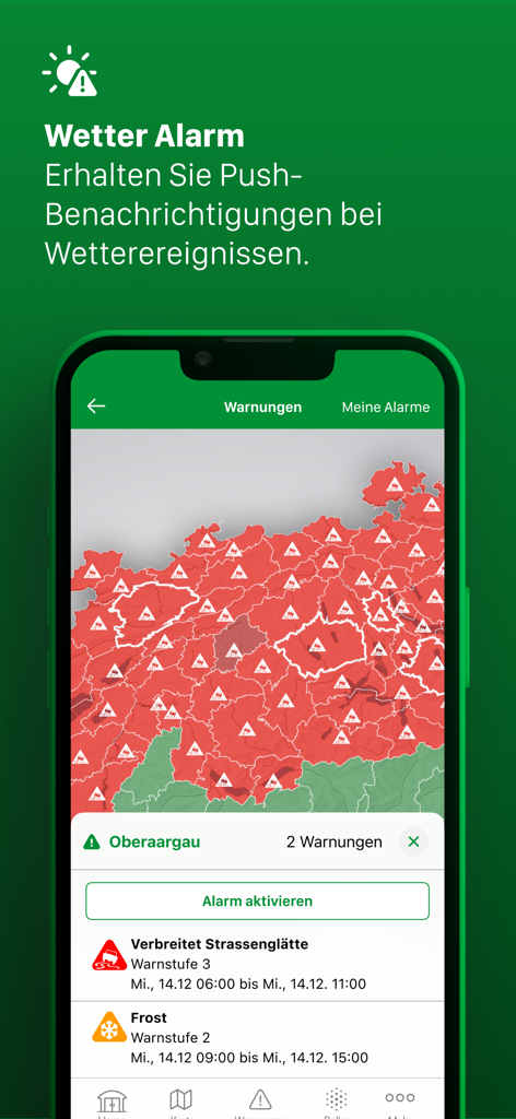 LANDI Wetter - LANDI Wetterアプリのインターフェース。スイスの地図上に天気警報とプッシュ通知が表示されています。