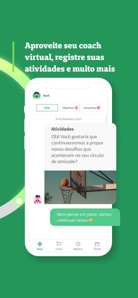Unimed Goiânia - Interface of the Unimed Goiania app showing the virtual health coach chat for tracking physical activities