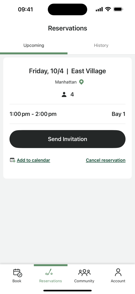 Ready Golf Club mobile app screen showing a scheduled indoor golf simulator session in East Village Manhattan