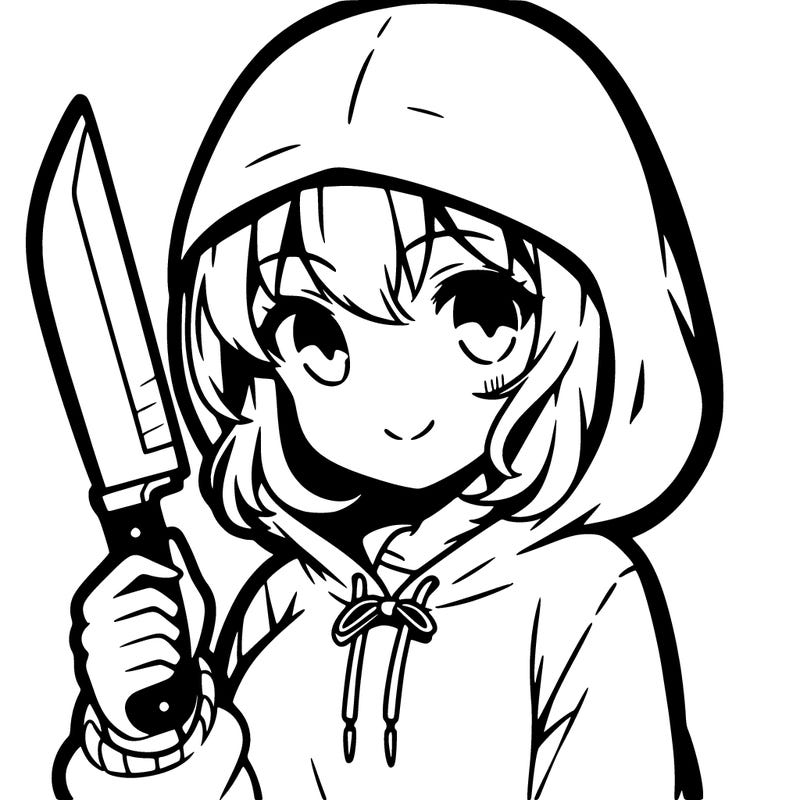 a anime girl wearing a hoodie holding a knife
