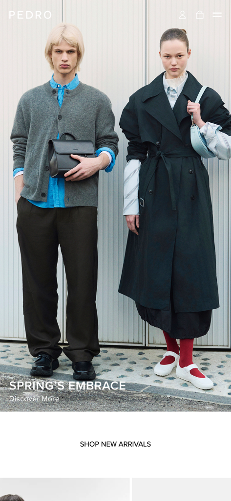 PEDRO - PEDRO app home screen featuring the Spring's Embrace campaign with modern minimalist fashion for men and women.