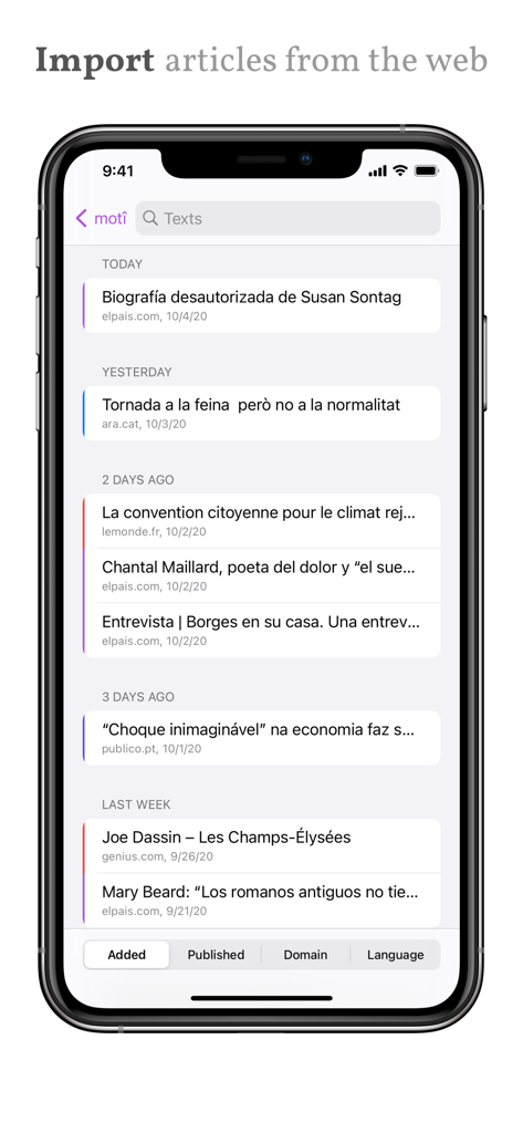 Interface of the moti app showing a list of articles imported from international websites like Le Monde and El Pais for language learning