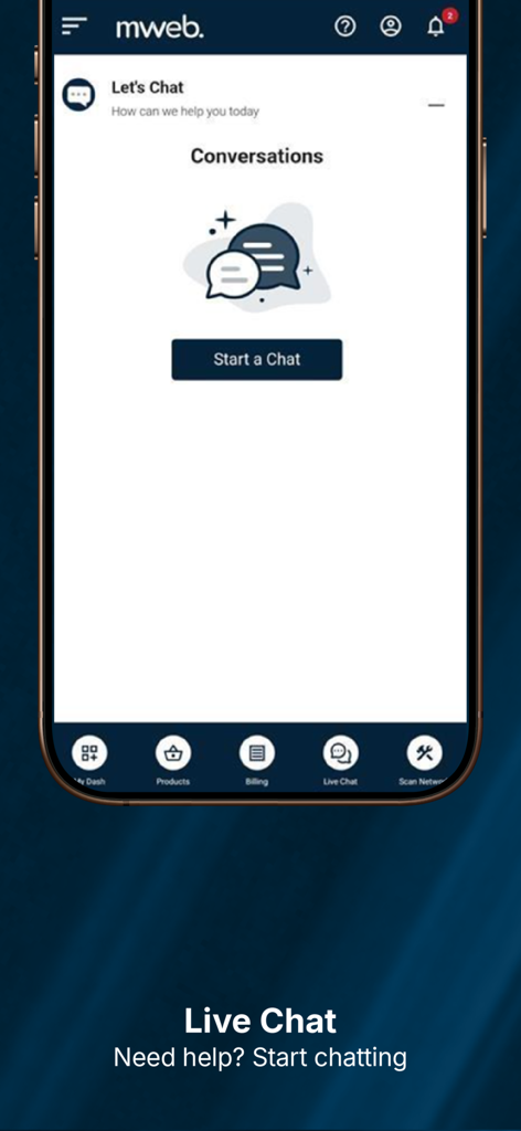 Mweb app live chat screen with a button to start a conversation for customer support