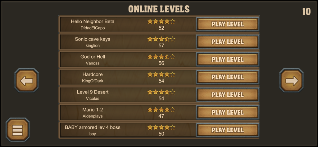 Epic Game Maker: Sandbox Craft - Una lista de niveles creados por la comunidad con valoraciones y botones de juego en la aplicación Epic Game Maker.