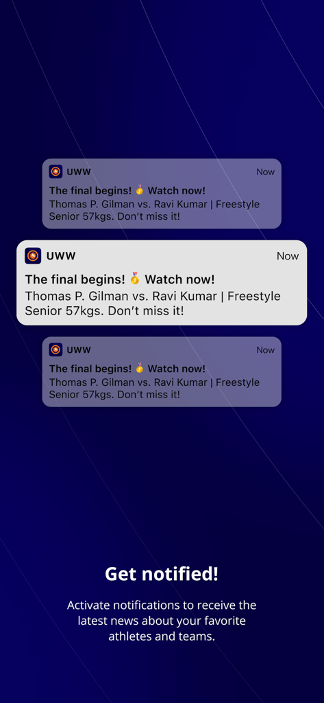 Push notifications for live wrestling finals and athlete news on the UWW app