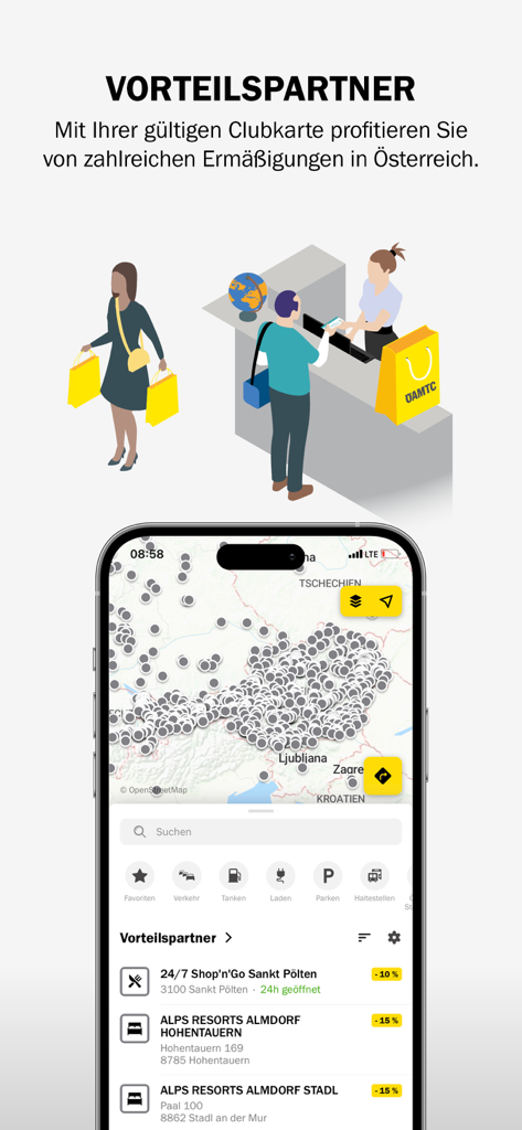 ÖAMTC - Screenshot of the ÖAMTC app displaying a map and a list of partner discounts for members