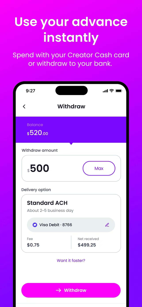 Creator Cash App - Interface of Creator Cash App showing how to withdraw a cash advance to a bank account