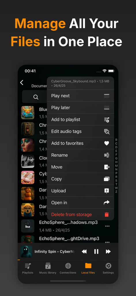 Flacbox: Hi-Res Music Player - Interfaz de la aplicación Flacbox que muestra la gestión de archivos locales y un menú contextual para editar etiquetas de audio y gestionar archivos de música.