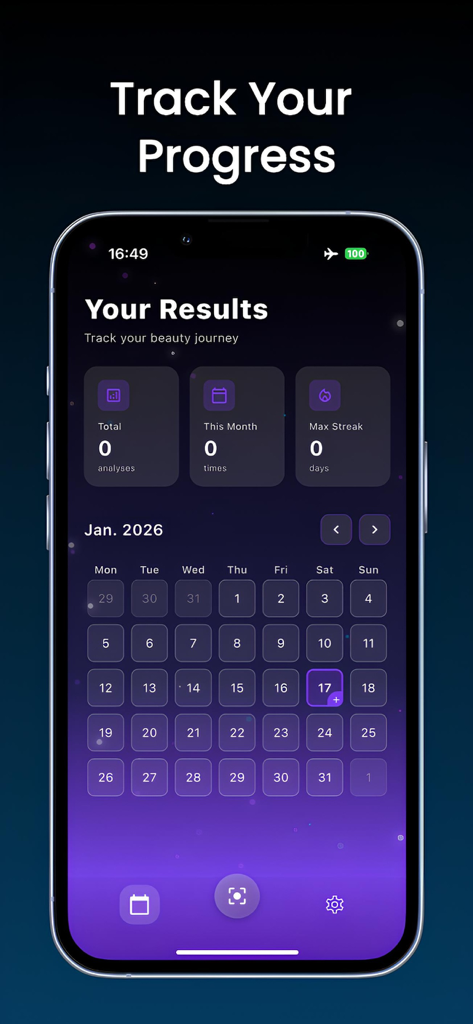 LooksMax AI Analyzer – ULooks - Uma interface móvel para o aplicativo ULooks exibindo um calendário de progresso e estatísticas de análise para acompanhar uma jornada de autodesenvolvimento.
