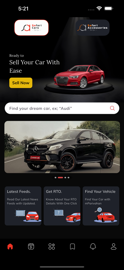 Safari Cars - Dashboard do aplicativo móvel Safari Cars com uma barra de pesquisa de carros e um botão para vender seu carro.