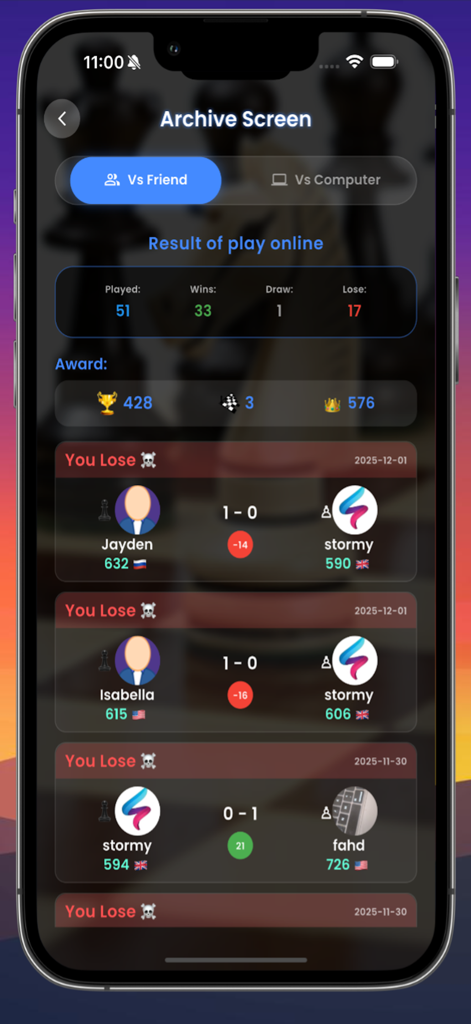 Chess Move - Pantalla de archivo de la aplicación Chess Move que muestra el historial de partidas online y estadísticas del jugador.