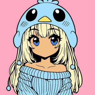 anime girl with chick shaped hat with sweater with bare shoulders with bangs covering them one eye with low tail