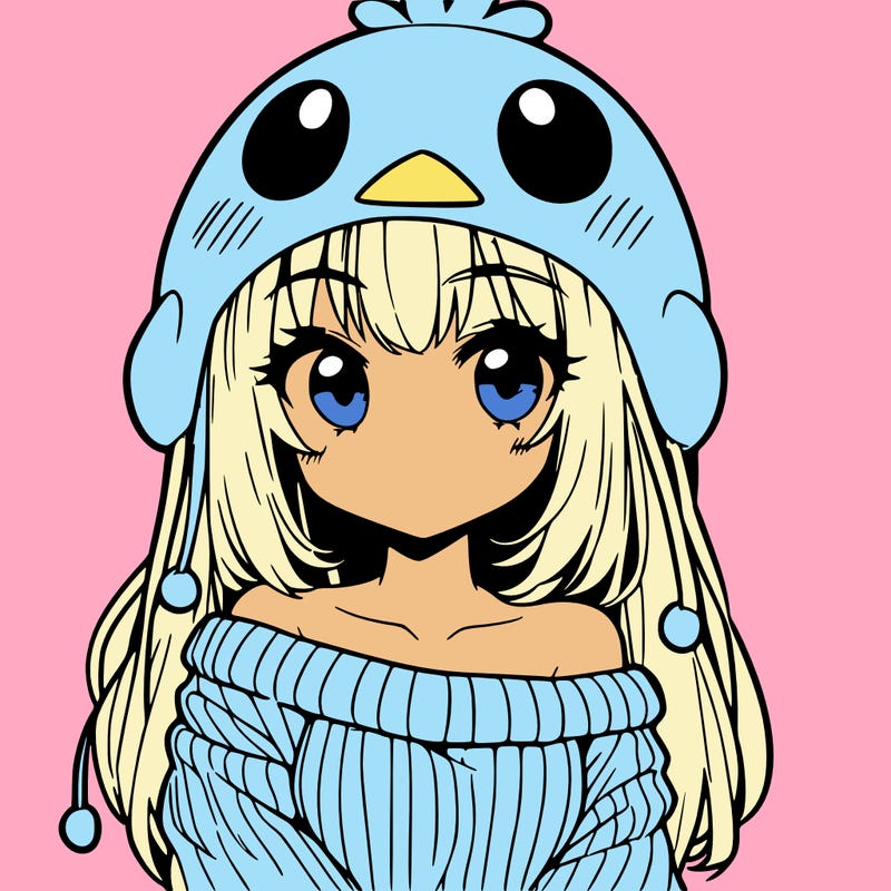 anime girl with chick shaped hat with sweater with bare shoulders with bangs covering them one eye with low tail