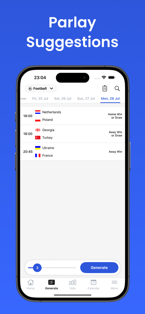 BetScore app interface showing parlay suggestions and match predictions for football games
