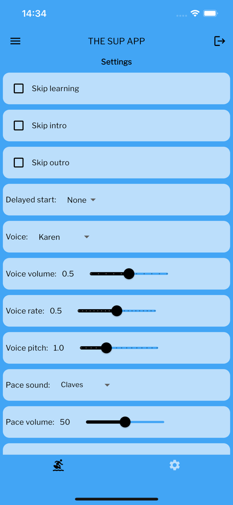 The Sup App - 음성 및 속도에 대한 사용자 지정 옵션을 표시하는 The Sup App 설정 화면