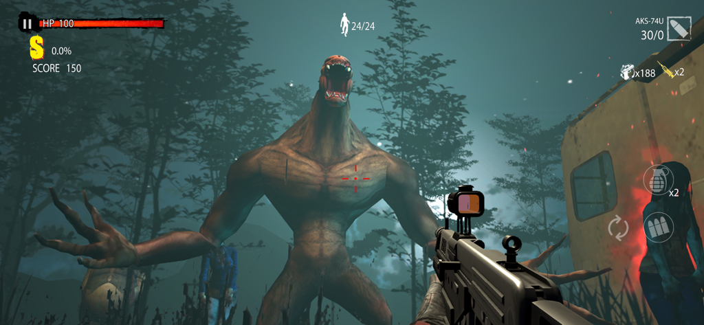 Zombie Hunter D-Day - Jugabilidad de disparos en primera persona en Zombie Hunter D-Day con un jefe zombie mutante gigante en un bosque oscuro.