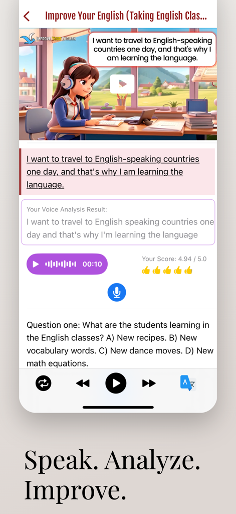 TalkLingo-Shadowing in English - Interfaz de una aplicación móvil que muestra resultados de reconocimiento de voz en inglés con una puntuación de pronunciación y retroalimentación de análisis de voz.