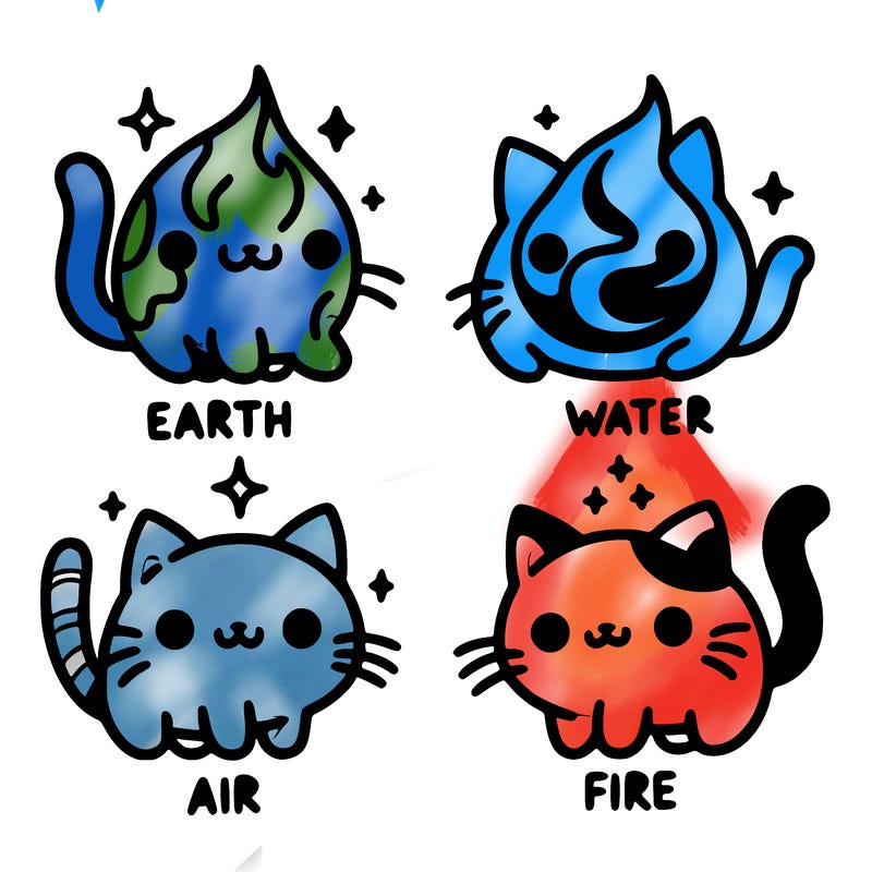 4 cats that represent the different elements, earth, water, air, and fire
