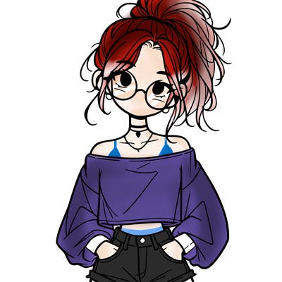 girl with a messy ponytail glasses a baggy crop top and jean shorts