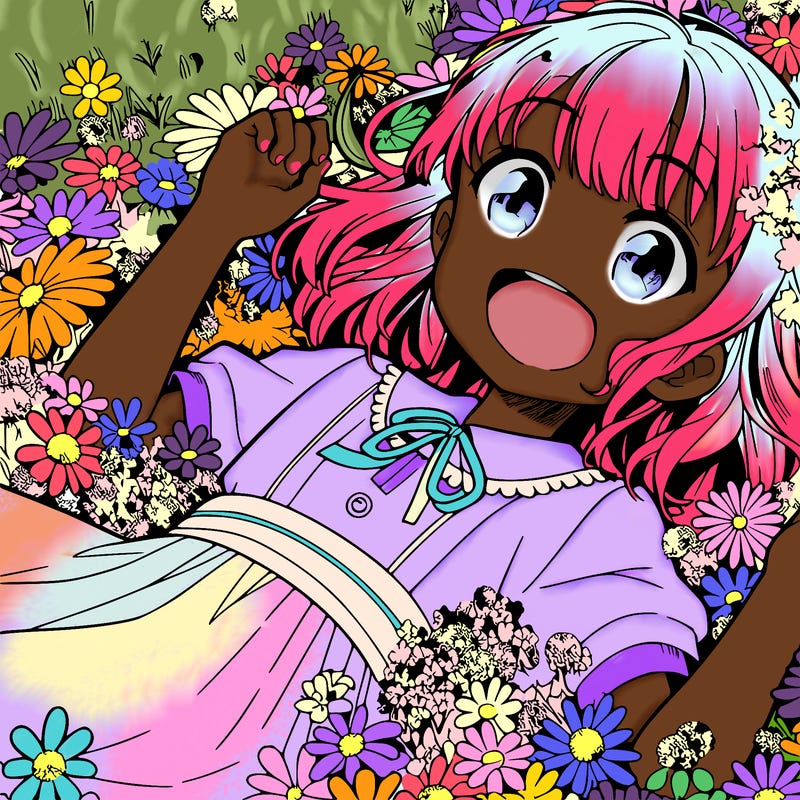 an anime girl laying in a field that's dappled with flowers the girl is excited and happy