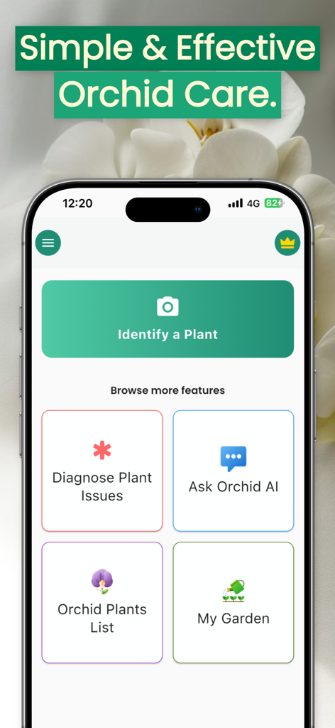 Orchid Care - Plant identifier - Home screen of the Orchid Care app showing features for plant identification, diagnosis, and AI support