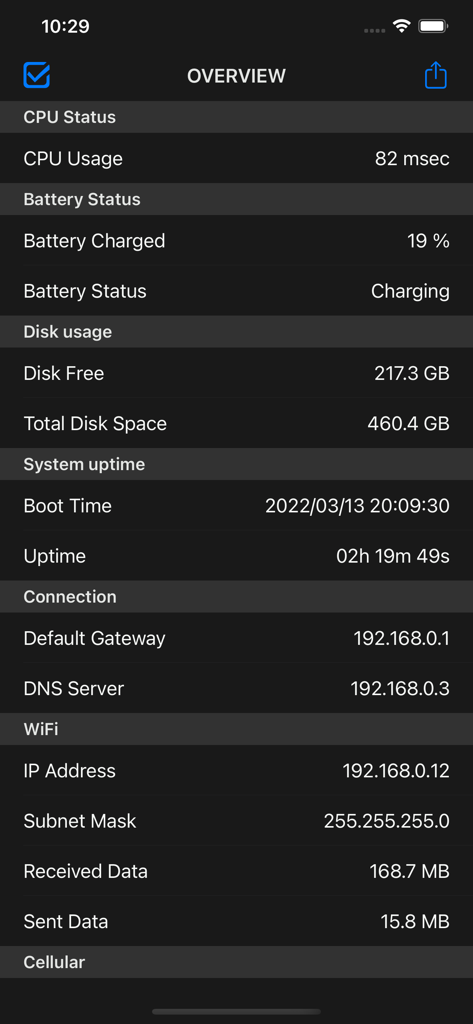 System Status - - System Statusアプリの概要画面。CPU、バッテリー、ディスク、ネットワーク診断を表示します。