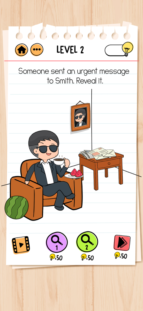 Brain Test 2: Tricky Stories - Um nível de quebra-cabeça do Brain Test 2 onde o jogador deve encontrar uma mensagem urgente para um personagem chamado Smith.