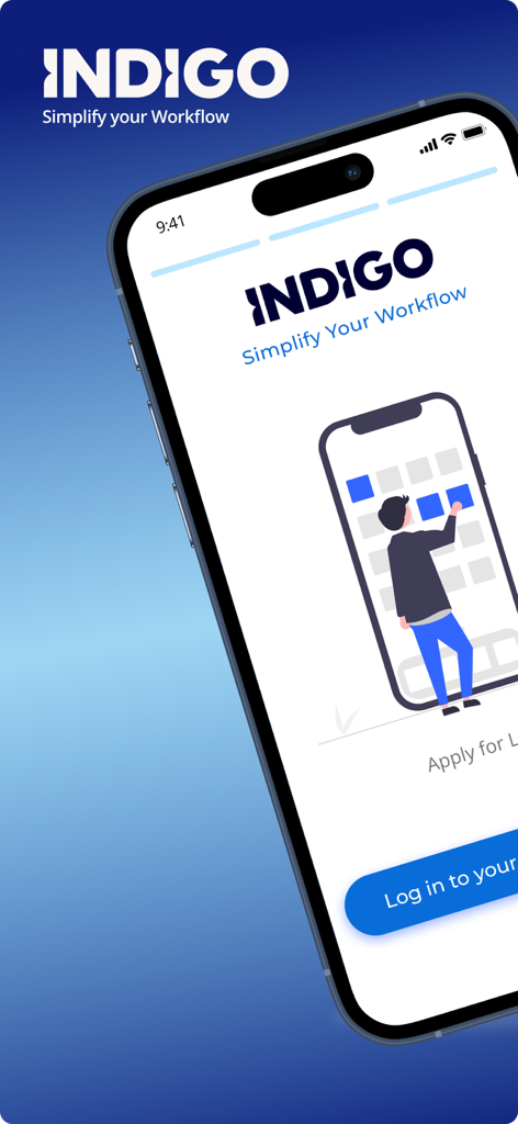 Indigo Mobile - Indigo Mobile app splash screen showing a person interacting with a digital calendar for workforce management