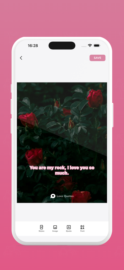 Love Quotes and Messages - Love Quotes and Messages 앱의 인터페이스에 이미지 편집 도구와 함께 어두운 장미 배경 위에 로맨틱한 명언이 표시됩니다.