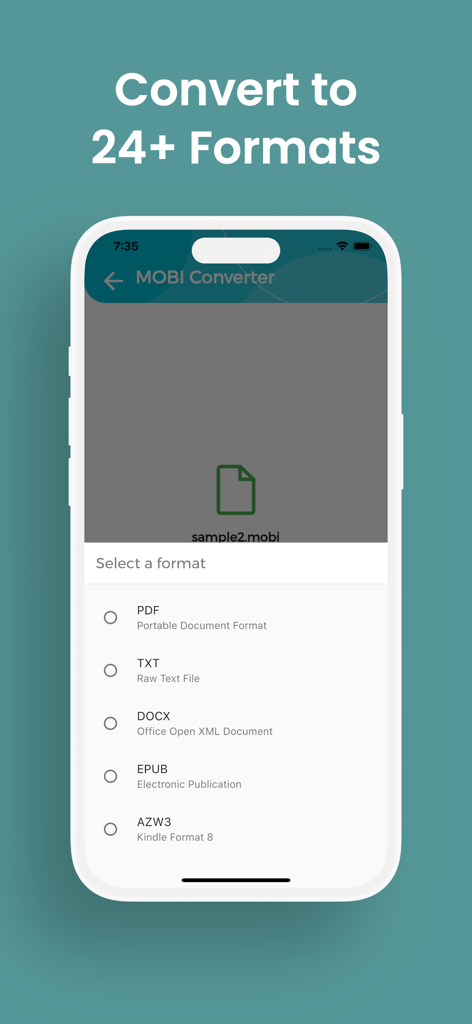 Captura de pantalla de la aplicación MOBI Converter mostrando una lista de formatos de archivo para convertir, incluyendo PDF, TXT, DOCX y EPUB
