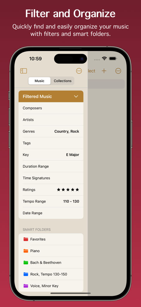 Paperless Music app interface showing music filters and smart folders for organizing digital sheet music