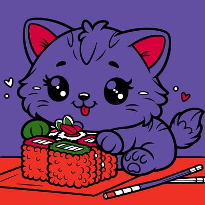 kitten playing with sushi