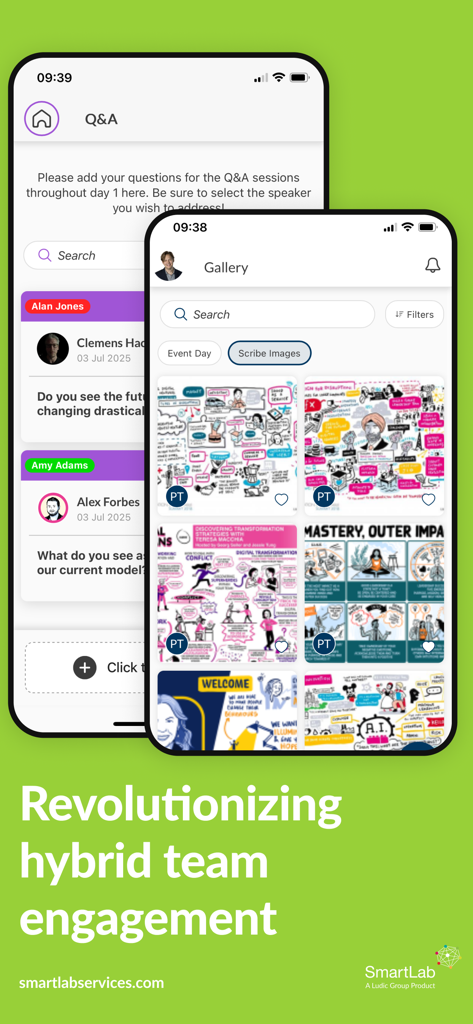 Écrans de l'application SmartLab montrant les sections Q&R et galerie pour l'engagement des équipes hybrides