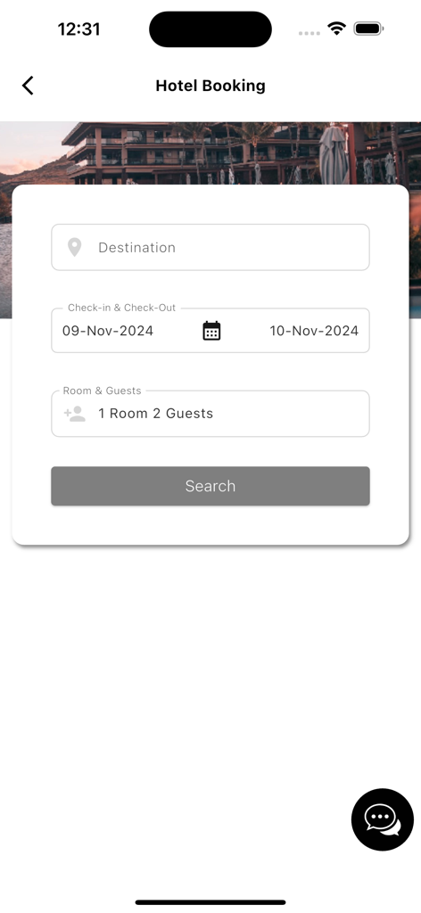 Hotel booking search screen on the JIFU Member app with fields for destination, dates, and guests.