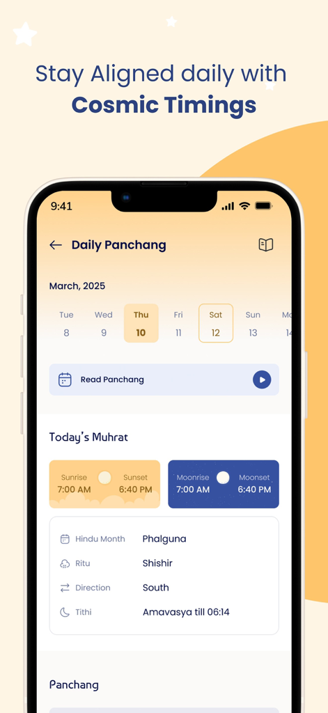 Horocosmo - Talk To Astrologer - Horocosmo app interface displaying Daily Panchang with Vedic astrology details including sunrise and sunset timings