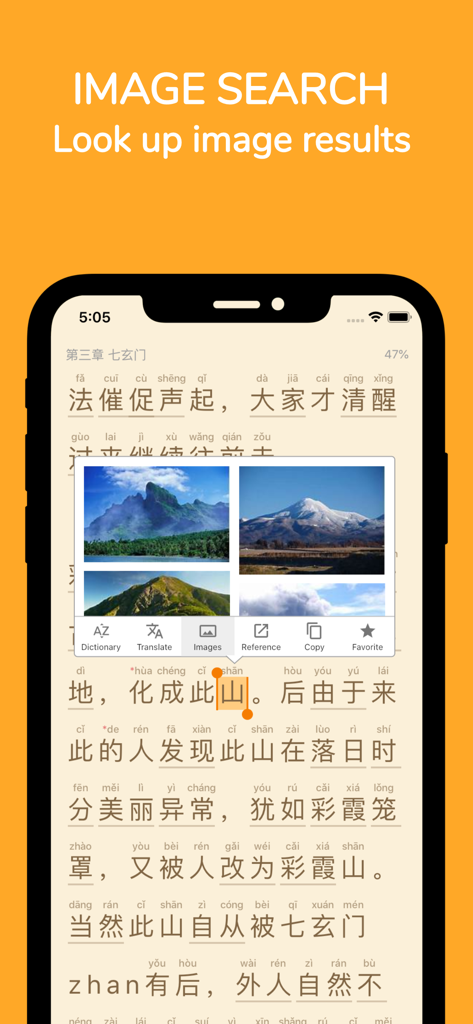 Readibu - Chinese novel reader - Mobile interface of Readibu app demonstrating the image search tool for Chinese characters