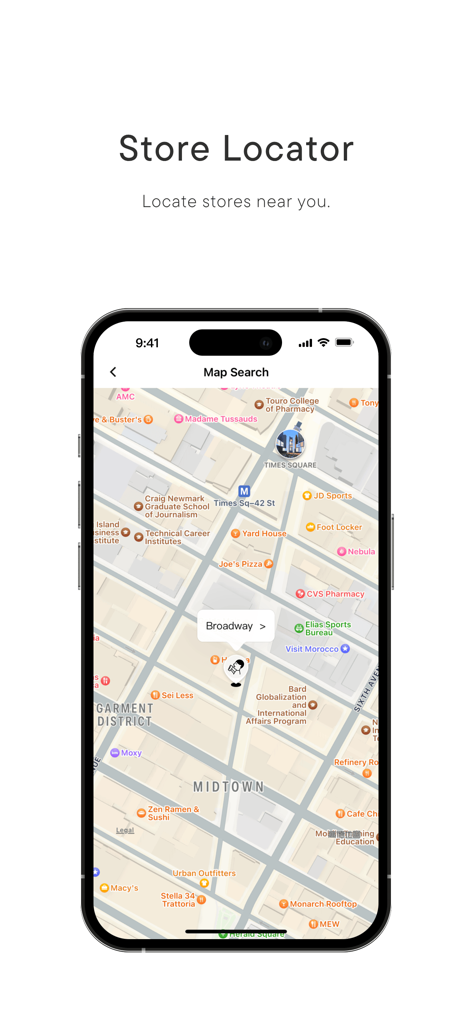 HEYTEA app store locator feature showing a map of Midtown Manhattan with a store location on Broadway