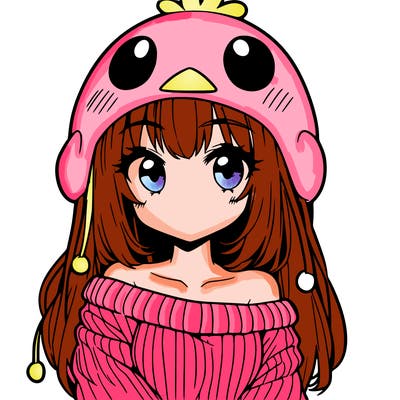 anime girl with chick shaped hat with sweater with bare shoulders with bangs covering them one eye with low tail