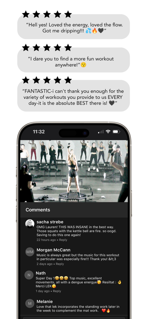 LEKFIT app screen showing positive user reviews and a community comment section below a rebounder workout video