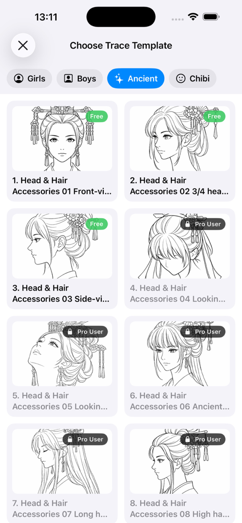 Trace Drawing App-Bildschirm, der antike Charakter-Zeichenvorlagen für Kopf und Haaraccessoires zeigt.
