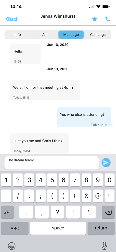 Unity-Mobile - Unity-Mobile instant messaging interface showing a professional chat conversation about a meeting