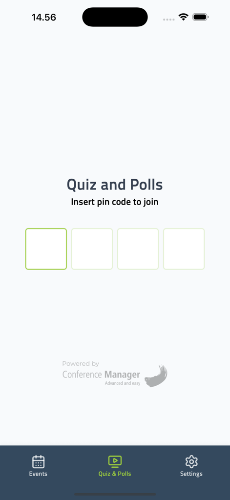 CM Events - CM Events app screen for joining interactive quizzes and polls using a pin code