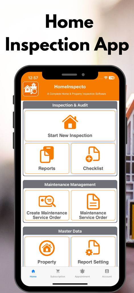 Dashboard of HomeInspecto app featuring inspection reports and maintenance management tools on a mobile screen