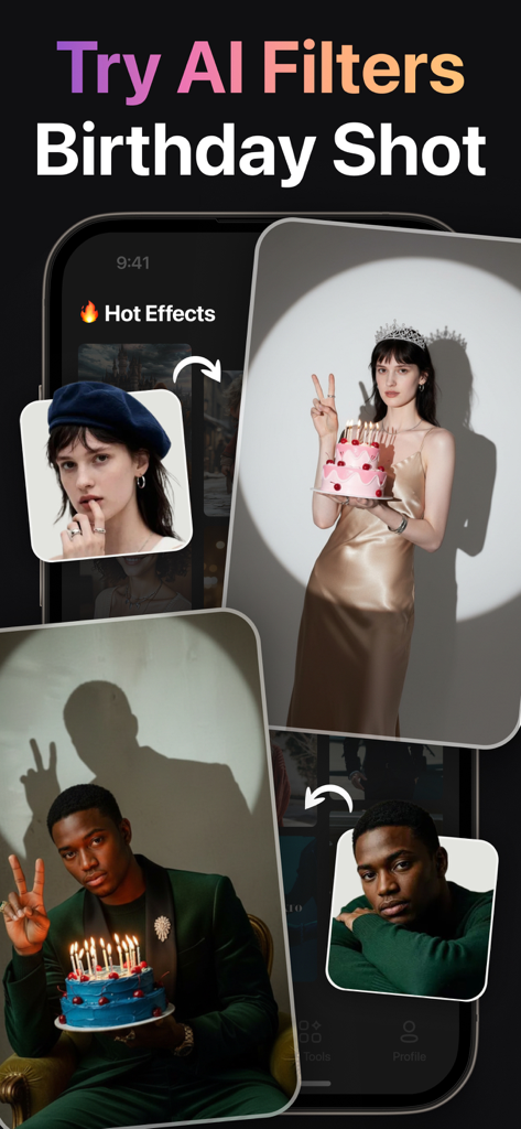 AI Video Generator + Creator - AI Video Generator app interface showing the Birthday Shot filter transforming portraits into aesthetic birthday photos with cakes and studio lighting.