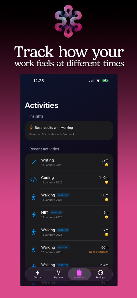 Ultradia - Ultradia app activities screen displaying a log of recent tasks like writing and coding with energy level insights