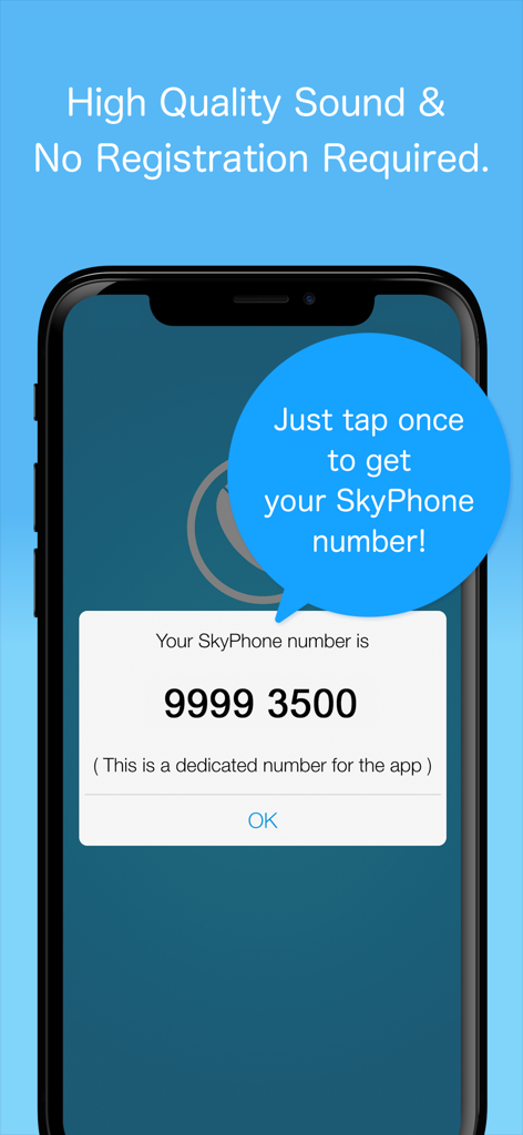SkyPhone - Voice & Video Calls - A screenshot of the SkyPhone app showing a unique generated phone number and the message that no registration is required